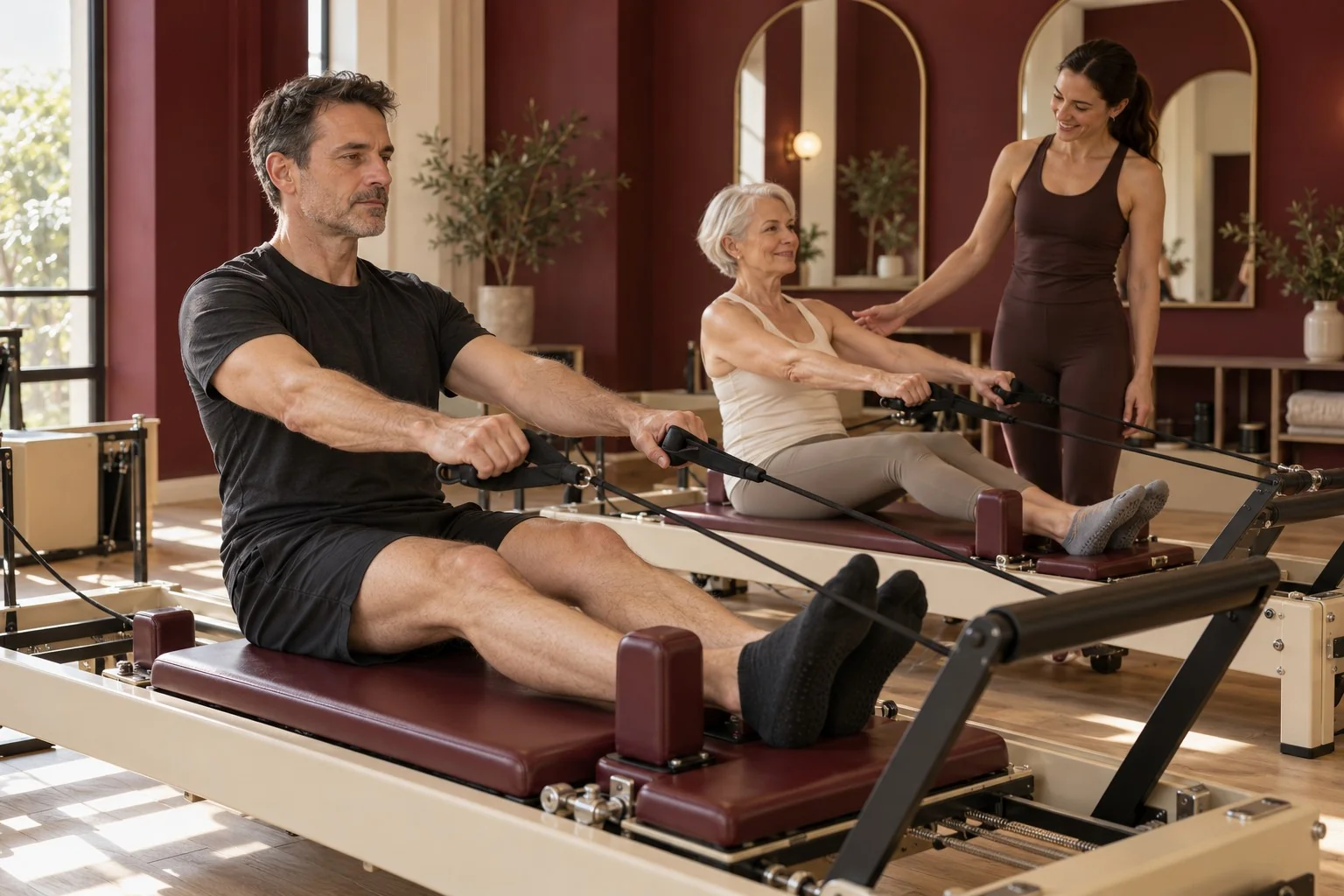 Un homme et une femme plus âgée découvrent les exercices sur Reformers bordeaux avec une professeure, illustration